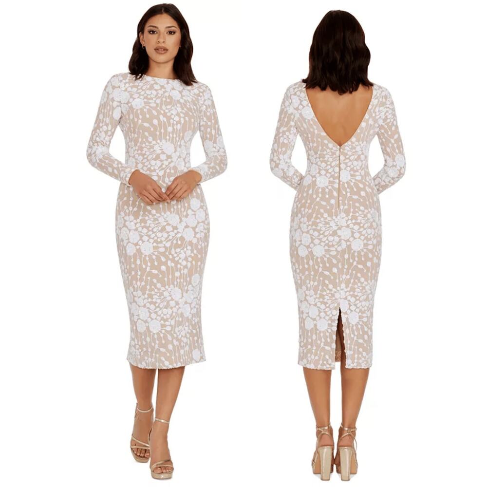 Dress The Population Dress S White Sequin Floral Midi Bridal Wedding Boho Formal - Picture 3 of 16